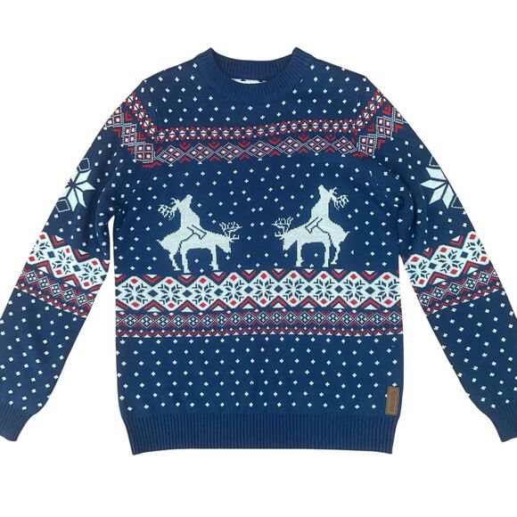 Tipsy Elves Humping Reindeer Ugly Christmas Sweater Men's L Blue Crewneck Funny - Picture 1 of 9